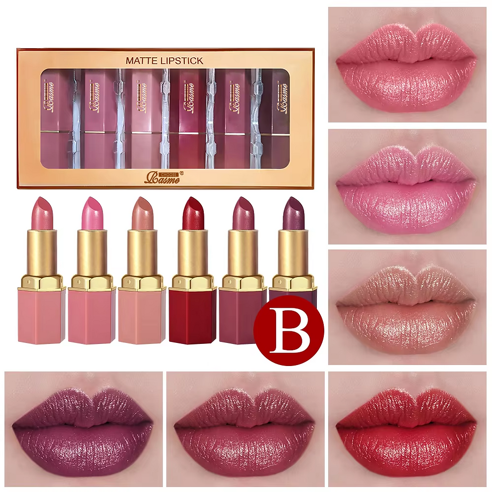 Thumbnail: 6 Lipsticks in a gold tube, matte texture, pearly shine, velvety finish.