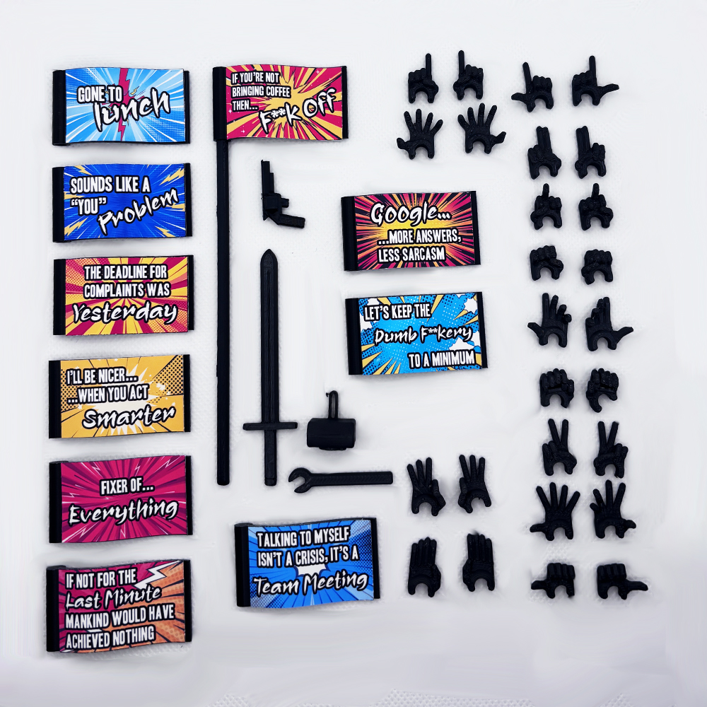TheDeskNinja Accessory Kit featuring interchangeable hands and humor-based message flags.