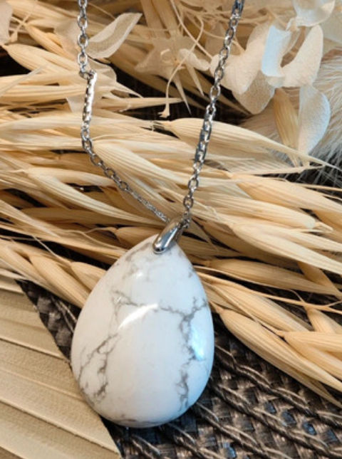 Miniature : collier pendentif pierre naturelle goutte howlite acier inoxydable