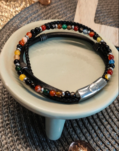 Miniature : bracelet pierre naturelle cuir acier inoxydable 7 chakras
