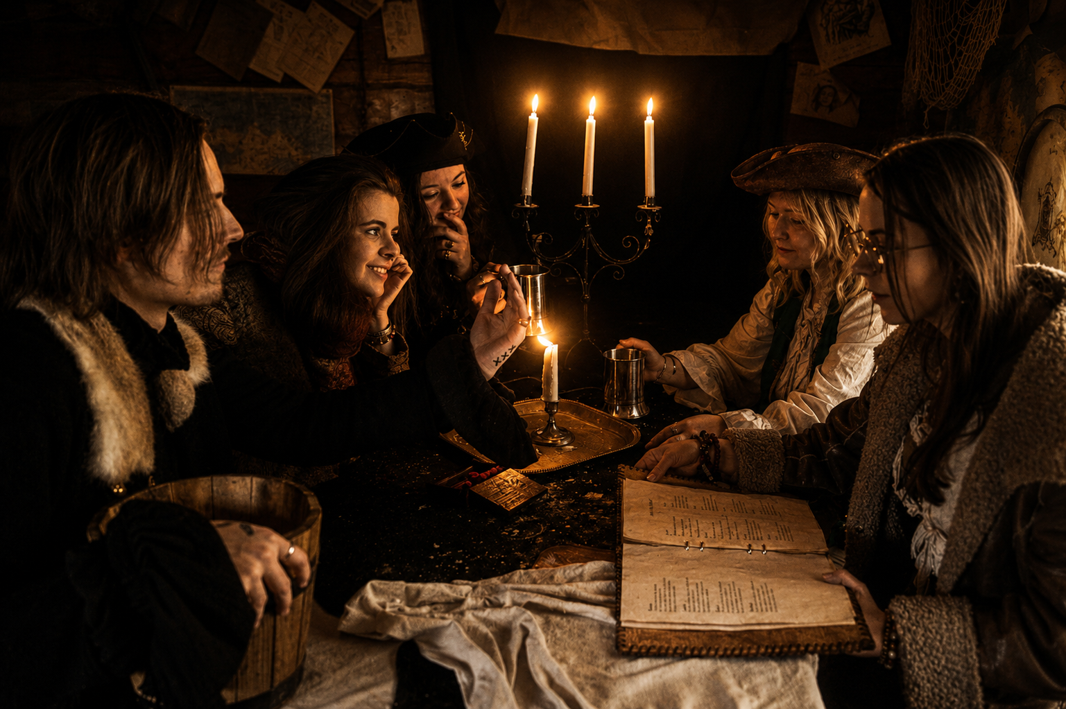 Piratgestalter samlade runt ett bord i en taverna