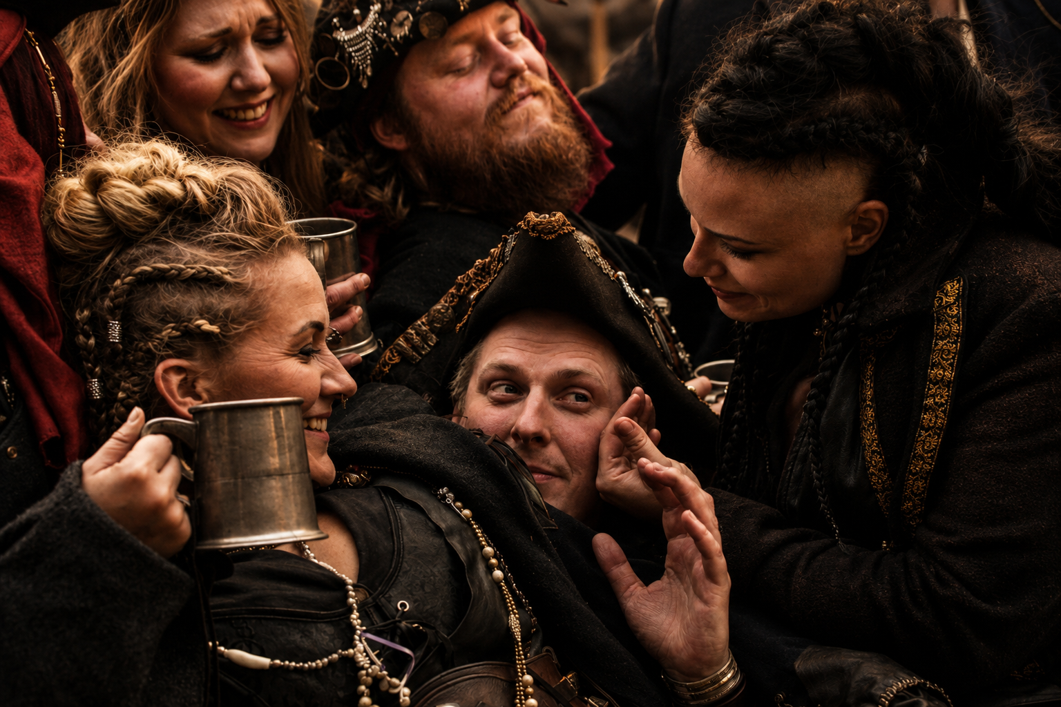 Piratgestalter höjer sina bägare runt ett bord
