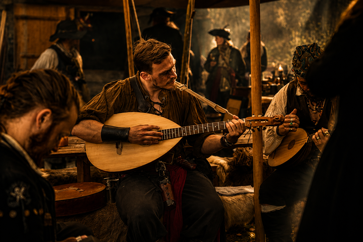 Piratgestalter med musikinstrument samlade runt ett bord