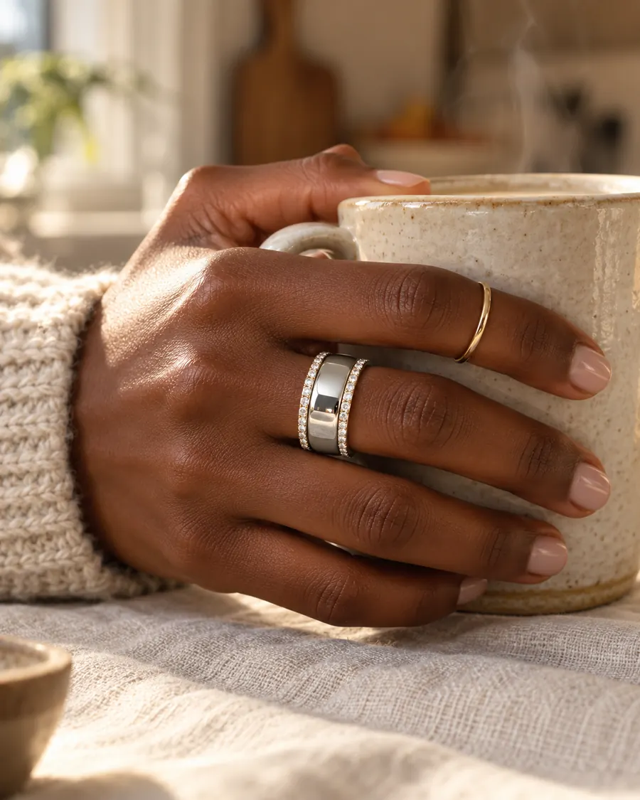 HALO Round in 14k white gold with round diamonds, worn over a silver Oura Ring while holding a ceramic coffee mug