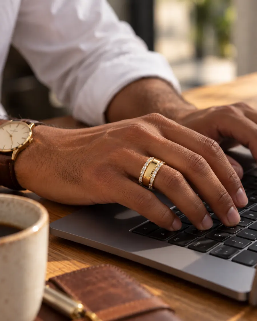 Man wearing HALO Baguette in 14k yellow gold over an Oura Ring while typing on a laptop