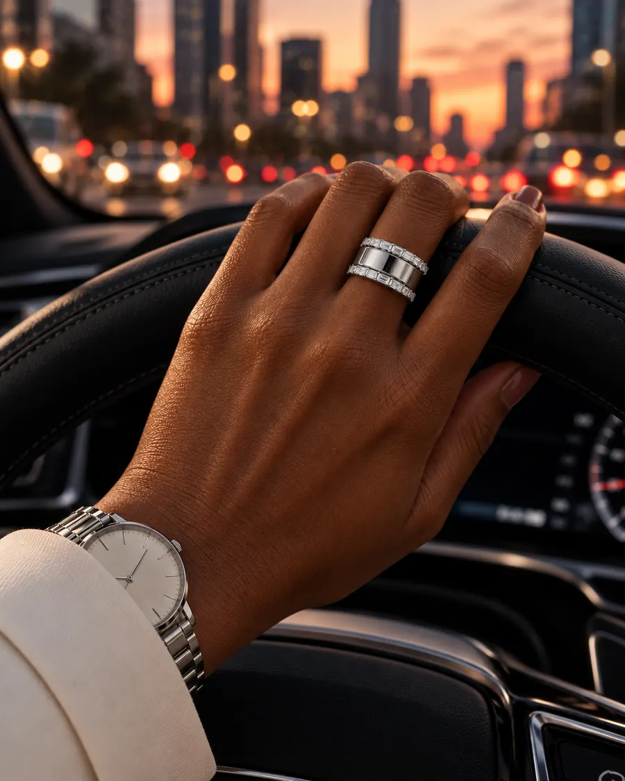 HALO Baguette in 14k white gold, worn over a silver Oura Ring with a hand on the steering wheel on a city drive at dusk