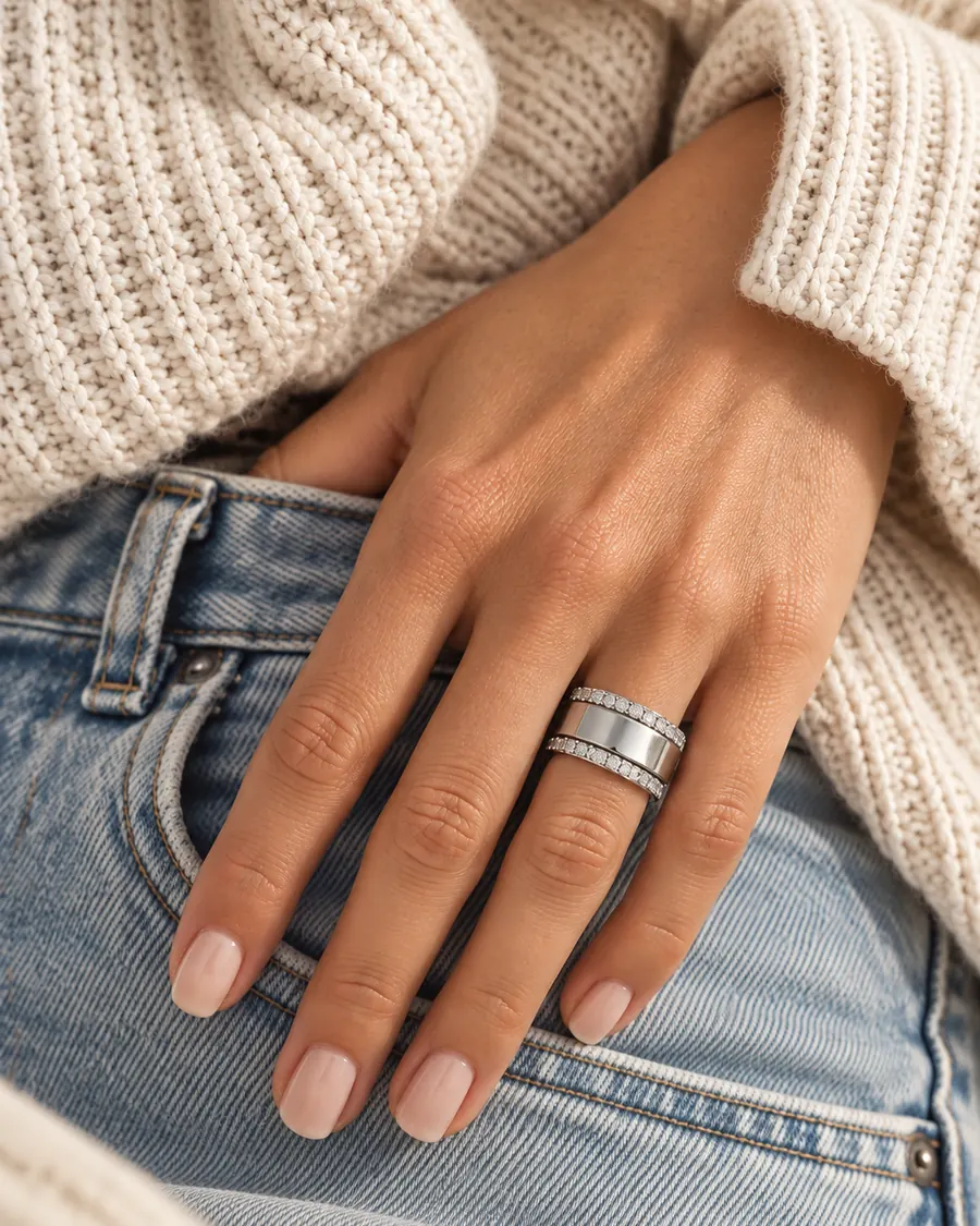 HALO Round in 14k white gold, worn over a silver Oura Ring with a cream sweater and denim