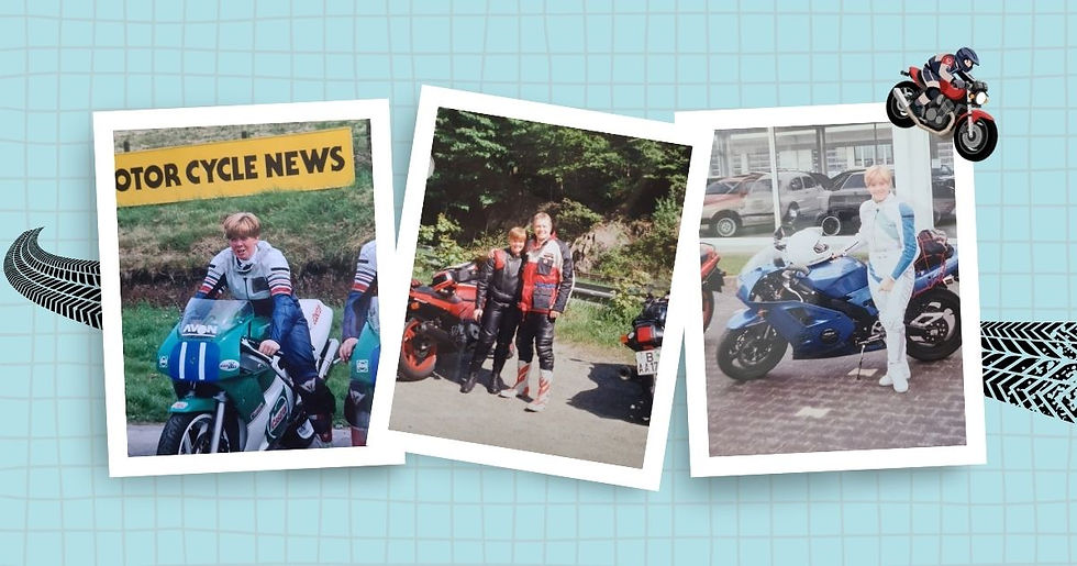 Collage of photographs of the author on various motorcycles.