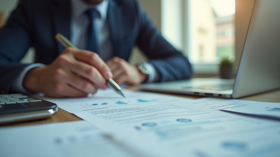Eye-level view of a person reviewing insurance documents on a desk