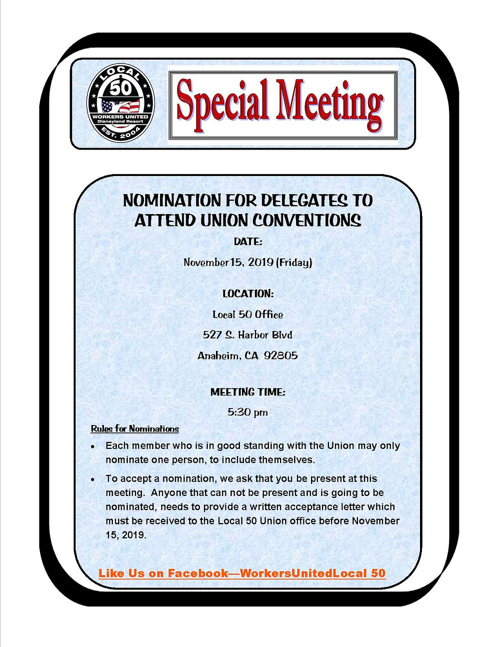 SPECIAL MEETING NOTICE