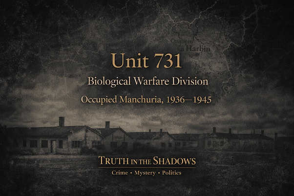 Unit 731 text over a dark image of buildings in a 1936-1945 Manchurian setting. Mood is somber, with words: "Crime," "Mystery," "Politics."