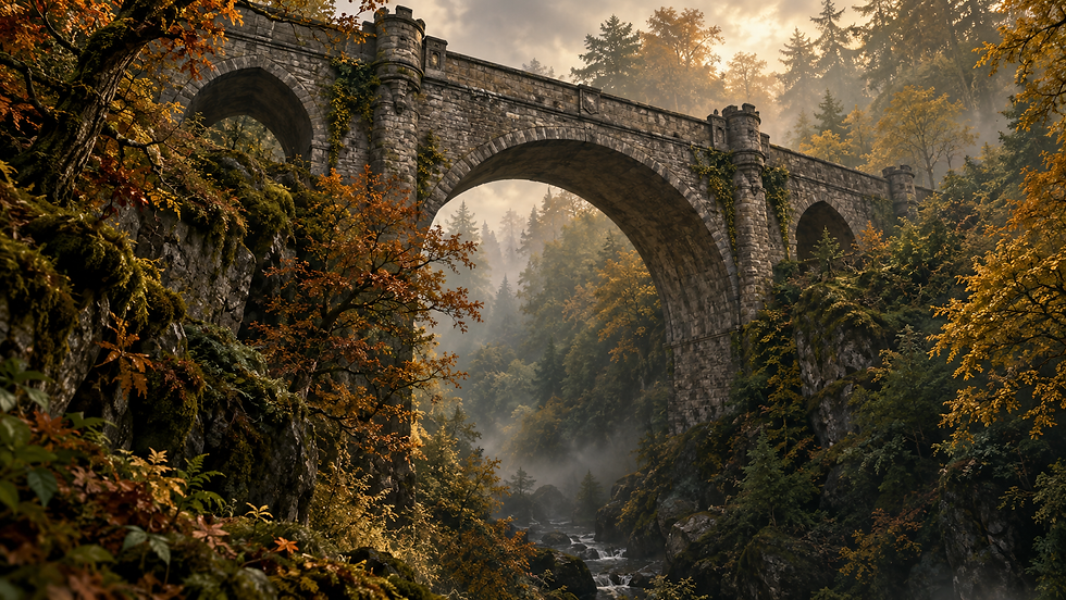 Stone arch bridge spans a misty autumn forest gorge above a river, with golden light on orange and green foliage.