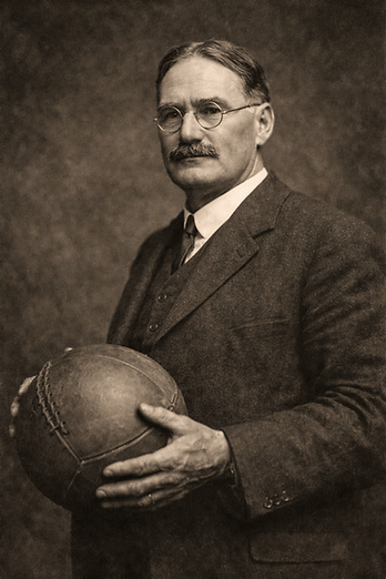 Man in a suit holding a vintage basketball against a sepia background. He wears glasses and has a serious expression.