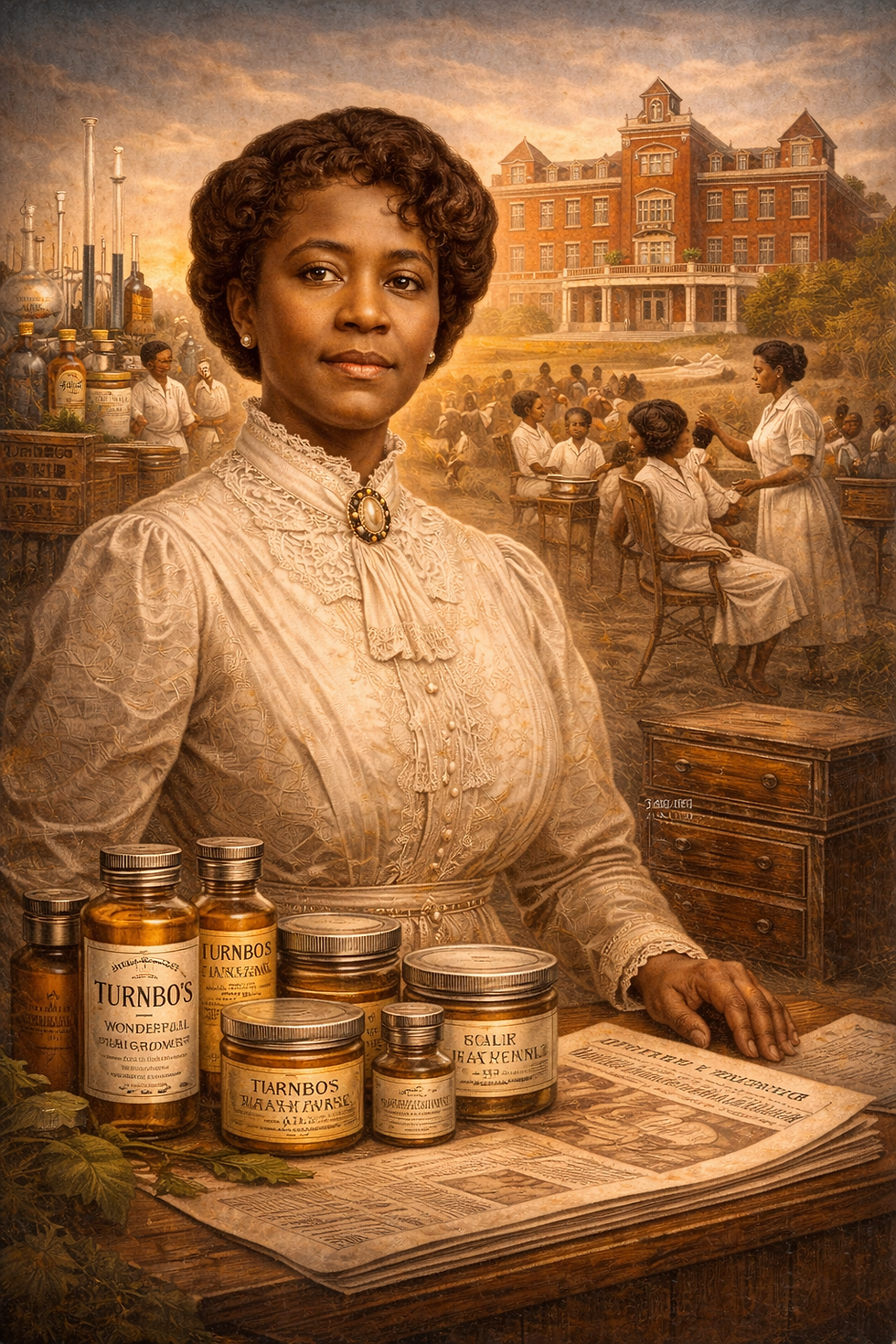 A woman in a lace dress stands by hair product jars and newspapers. In the background, people are gathered near a red brick building. Warm tones.