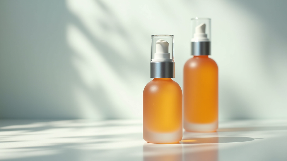 Eye-level view of skincare bottles with vitamin C and hyaluronic acid