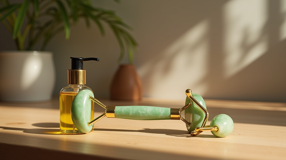 Eye-level view of a jade roller placed next to a bottle of facial oil on a wooden table