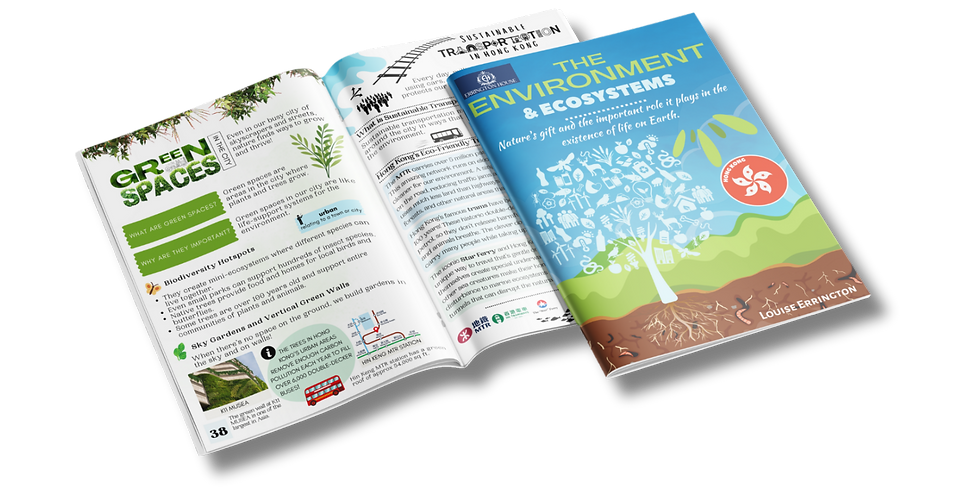 HK edition of the The Environment and Ecosystems book for kids showing cover and open book
