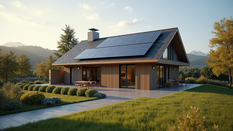 High angle view of a modern, sustainable home with solar panels