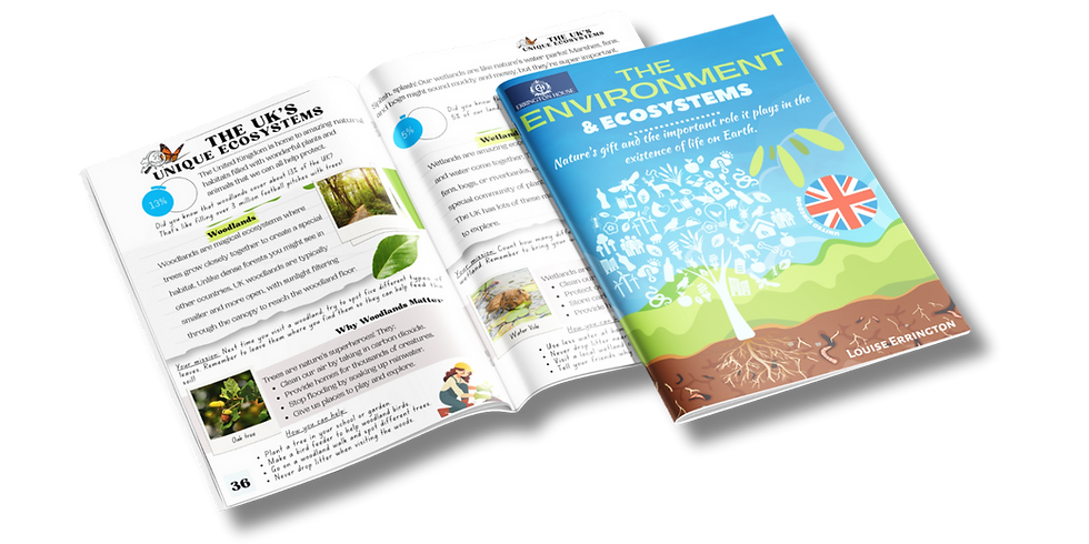 UK edition of the The Environment and Ecosystems book for kids showing cover and open book