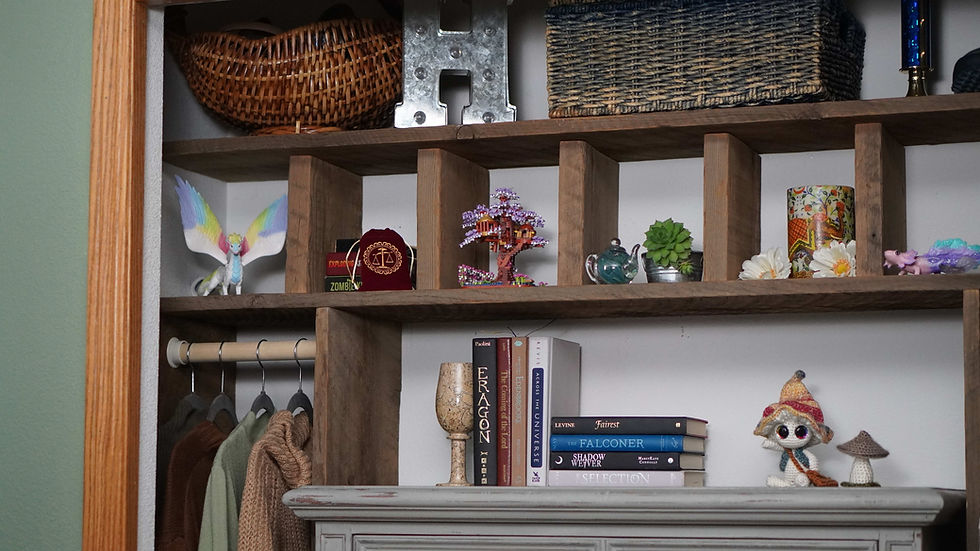 Wooden closet shelves with wicker baskets, books, hanging clothes, and fantasy figurines; titles like Eragon and The Falconer.