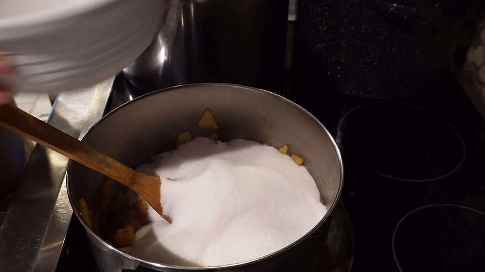 A pot with chopped apples and sugar on a stove, wooden spoon inside. A person holding a white bowl. Kitchen setting, dim lighting.