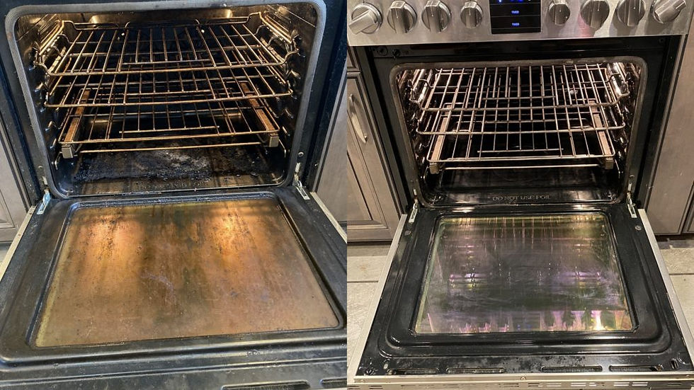Two ovens side by side; left is dirty with grime, right is clean and shiny. Both have open doors and visible racks, set in a kitchen.