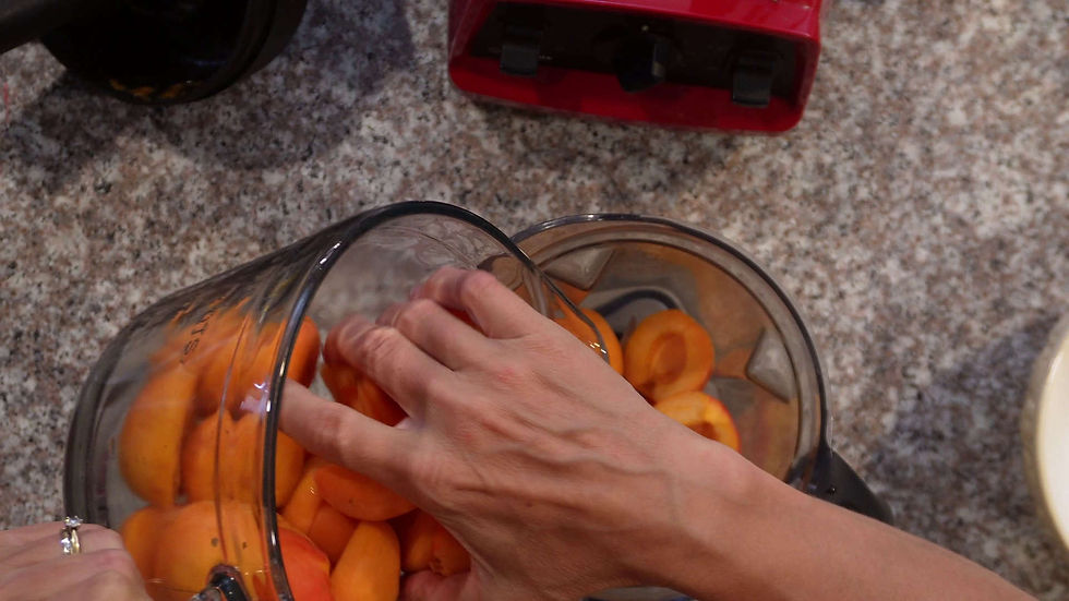 Hand placing apricots into a blender on a granite countertop. Red blender base visible. The scene suggests food preparation.