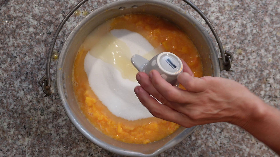 Hand pouring a white liquid into a pot of sugar and orange puree on a speckled countertop. The mood is focused and calm.