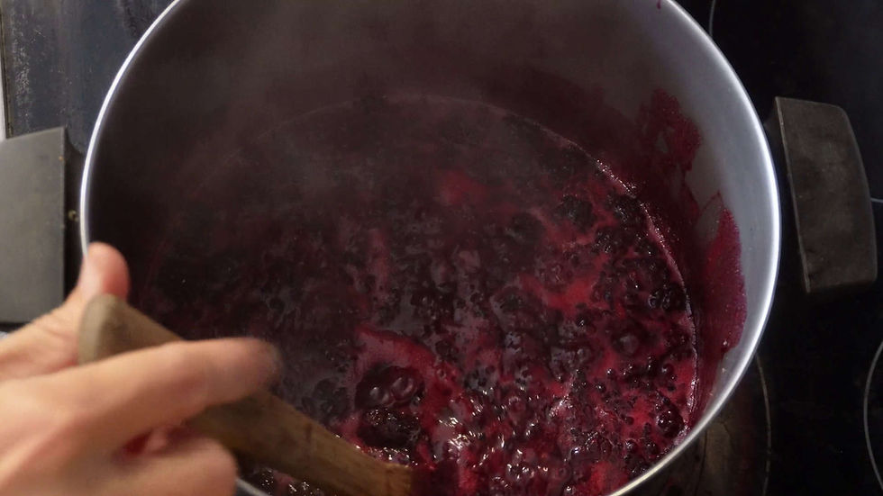 A hand stirs a pot of bubbling dark red liquid, possibly jam, on a stovetop. Steam rises, suggesting cooking or boiling.