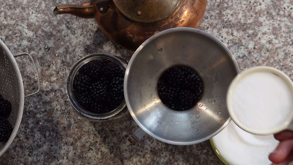 Top-down view of blackberries in a jar and colander on a granite countertop. A hand holds a cup of sugar near a metal funnel. Copper kettle in back.