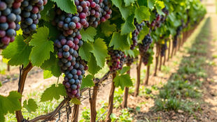 Clusters of purple grapes hanging on vines with lush green leaves in a sunlit vineyard, extending into the distance.