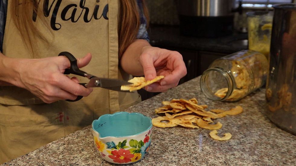 Person in apron labeled "Mari" cuts dried fruit over a floral bowl on granite countertop. A jar of fruit slices is spilled nearby.