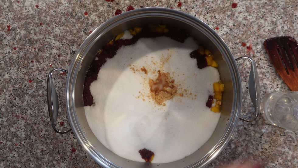 Pot of sugar, fruit, and spice on a speckled countertop. Splashes of red liquid and a wooden spoon are visible. Kitchen prep in progress.