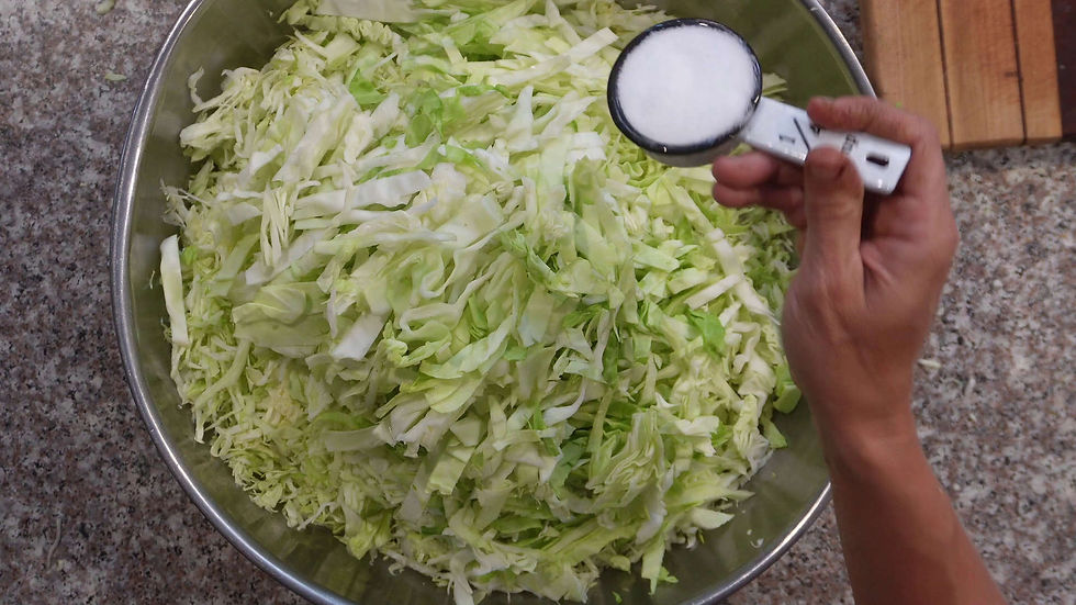 Hand holding a measuring cup of salt over a bowl of chopped cabbage on a speckled countertop, preparing ingredients for a recipe.