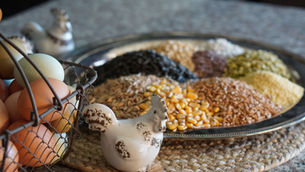 Basket with brown eggs and ceramic chicken beside a tray of mixed grains on a woven mat. Rustic kitchen scene with muted tones.