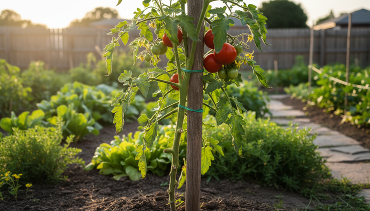 Eye-level view of a pruned tomato plant growing upright on a garden stake.