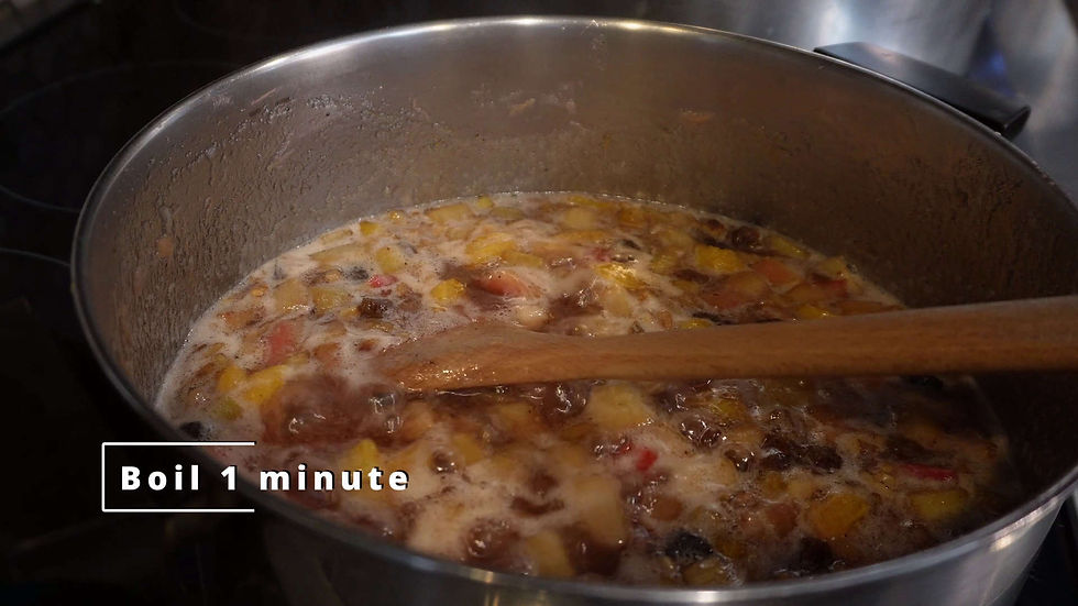 Pot of stew boiling with chunks of vegetables and meat, stirred by a wooden spoon. Text reads "Boil 1 minute." Warm kitchen setting.