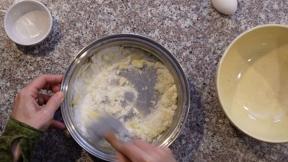 Hands mix flour and butter in a metal bowl on a granite countertop, with empty bowls nearby.