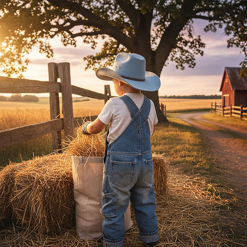 back of a young child doing farm chores in a cowboy hat.jpg