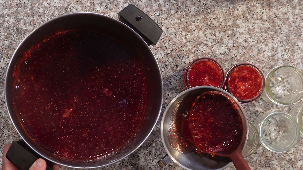 Pot of red jam on a speckled countertop with nearby jars, some filled with jam. A ladle scoops jam into a smaller pot.