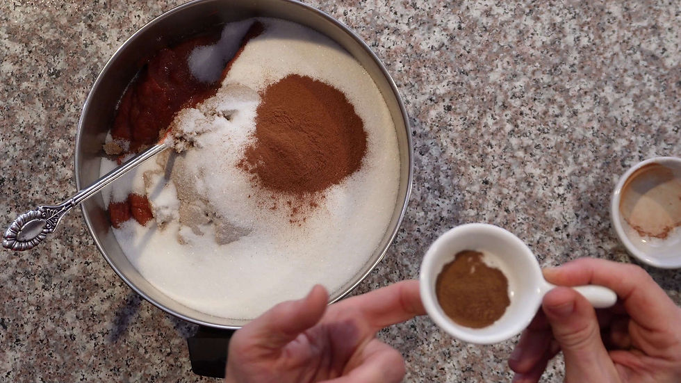 Hands add cinnamon to a bowl of sugar and cocoa on a granite countertop, with a spoon resting inside.