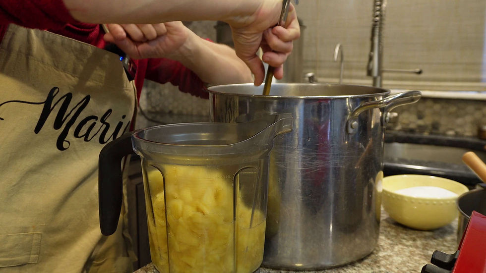 Person stirring a pot in a kitchen, wearing an apron. Blender with diced apples nearby. Warm lighting, homey atmosphere.