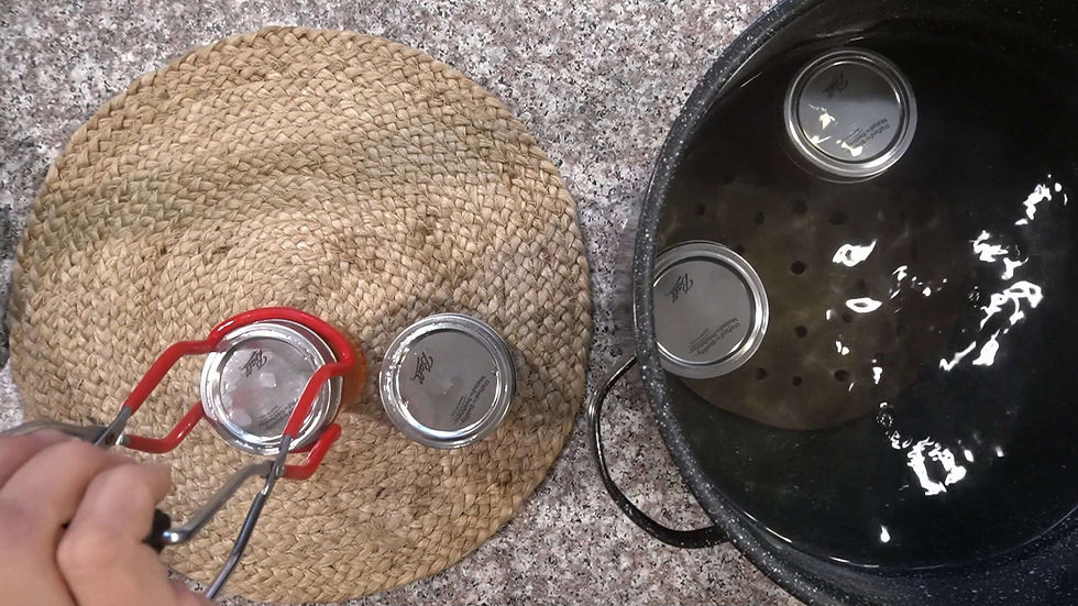Hand using tongs to lift a jar lid from a pot of water onto a straw mat. Granite countertop, lids marked with "Ball" text. Canning setup.