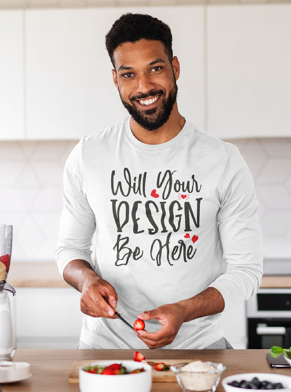 White full sleeve men’s round neck t-shirt with custom chest print – minimal and elegant design for casual wear