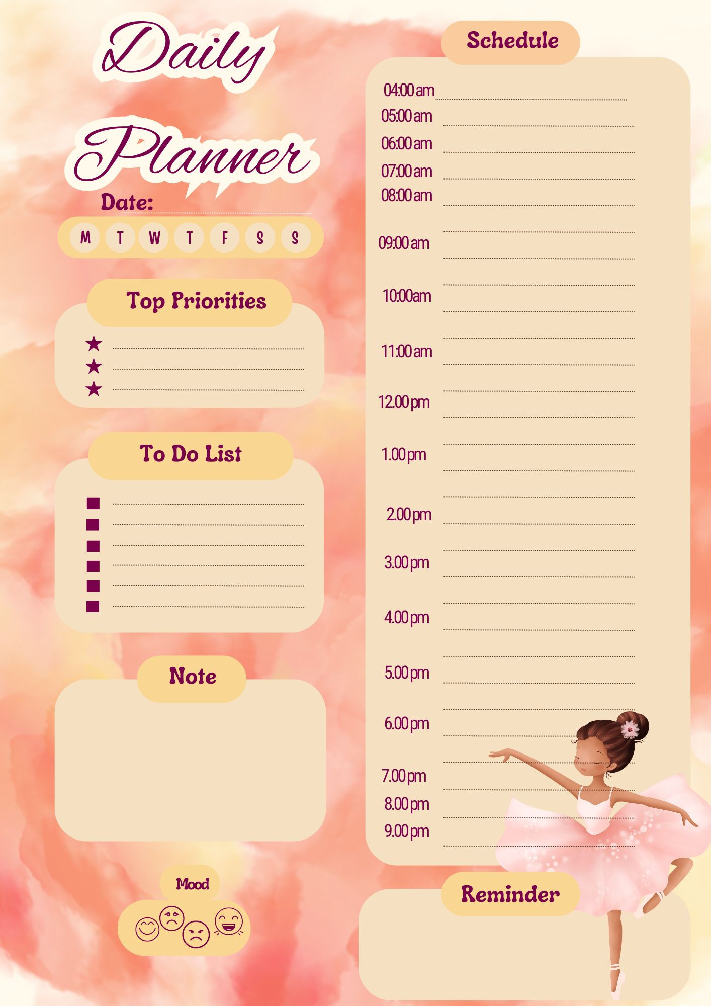 Elegant Dance-Themed Daily Planner – A4 & A5 Printable