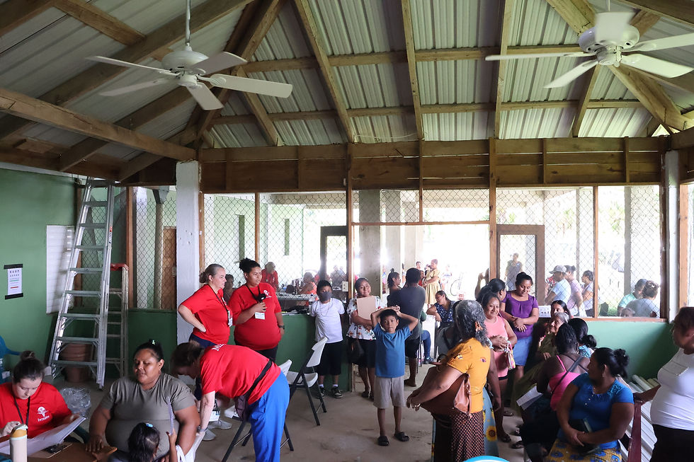 A crowd of people getting medical care in a church