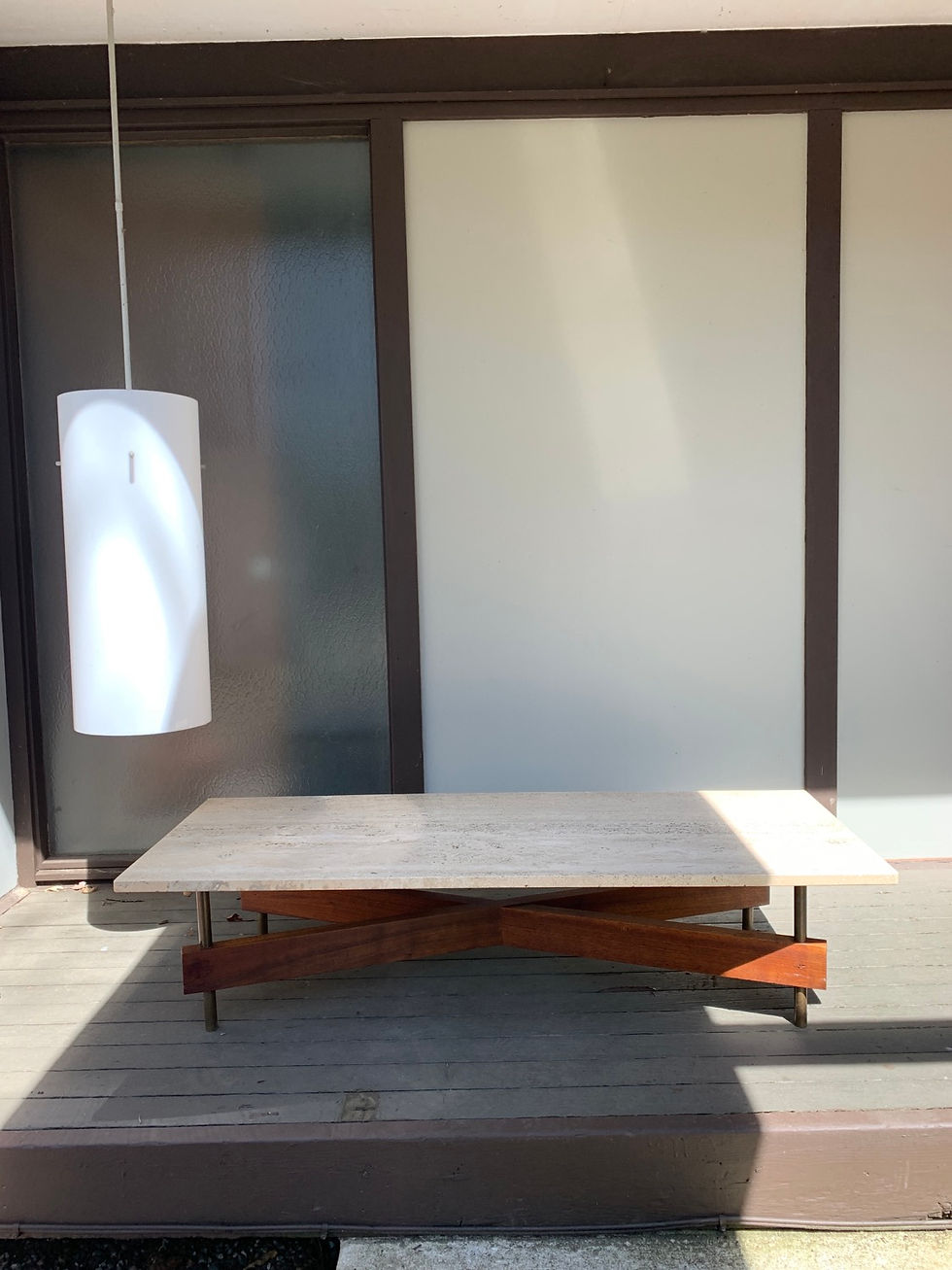 Thumbnail: Travertine top walnut and bronze coffee table
