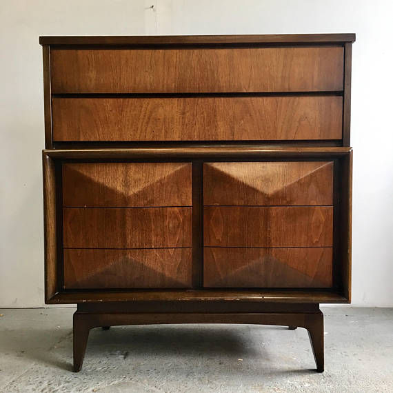 Thumbnail: mid century dresser, mid century hi boy, diamond front dresser, united dresser