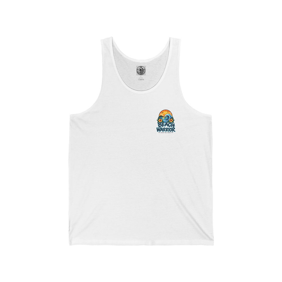 Beach Warrior white unisex tank top with tropical surf logo.
