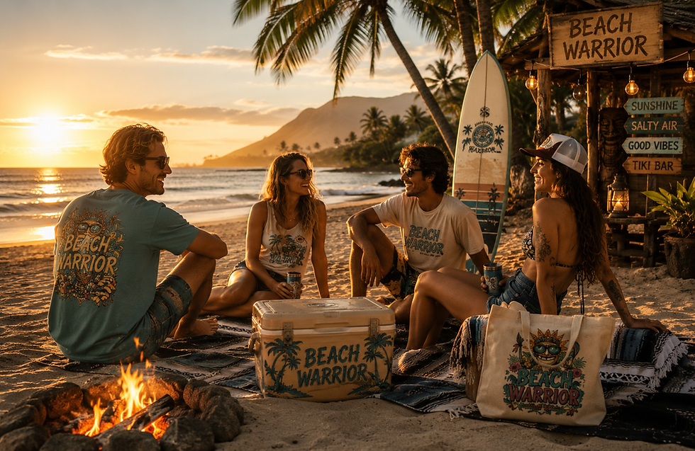 BeachWarrior couple relaxing beside a surfboard at a tropical beach shop